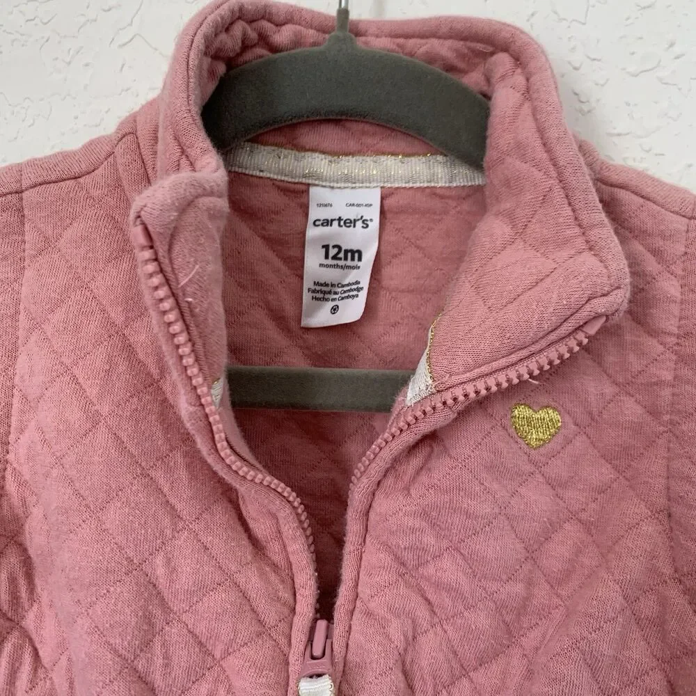 Carters Vest Baby Girl 12 Months Quilted‎ Pink Rose Full Zip Sleeveless Coquette